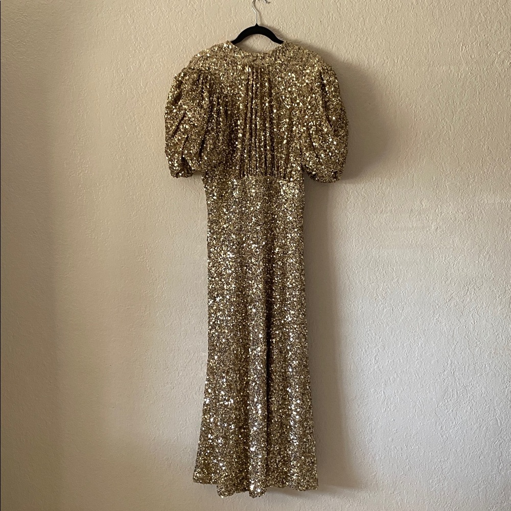 Gold Sequin Midi Dress with Puff Sleeves and High Neck - Picture 6 of 15